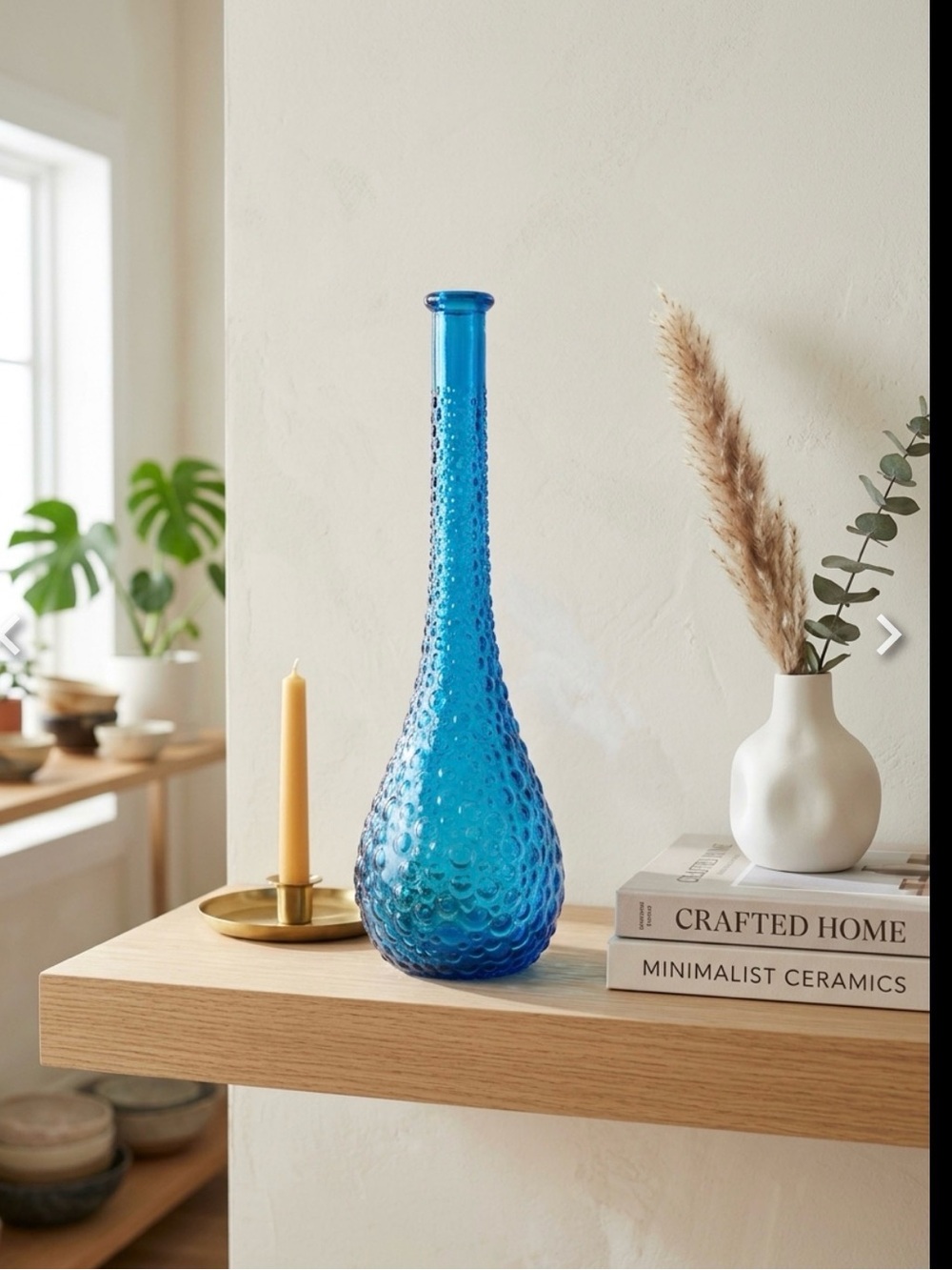 Vintage Empoli Italian Blue Bubble Glass Genie Bottle Mid Century Decor Vase